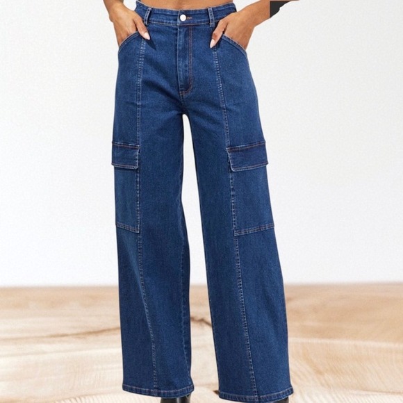 Sugarlips Denim - SugarLips Daze Denim Cargo Wide Leg Pants Mid-Blue Size Large